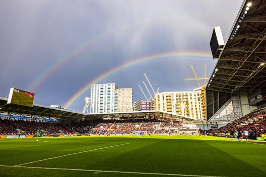 Brentford vs Chelsea - Gtech Community Stadium - Saturday 2nd March 2024. Double Rainbow over the Gtech Stadium as rain clouds pass